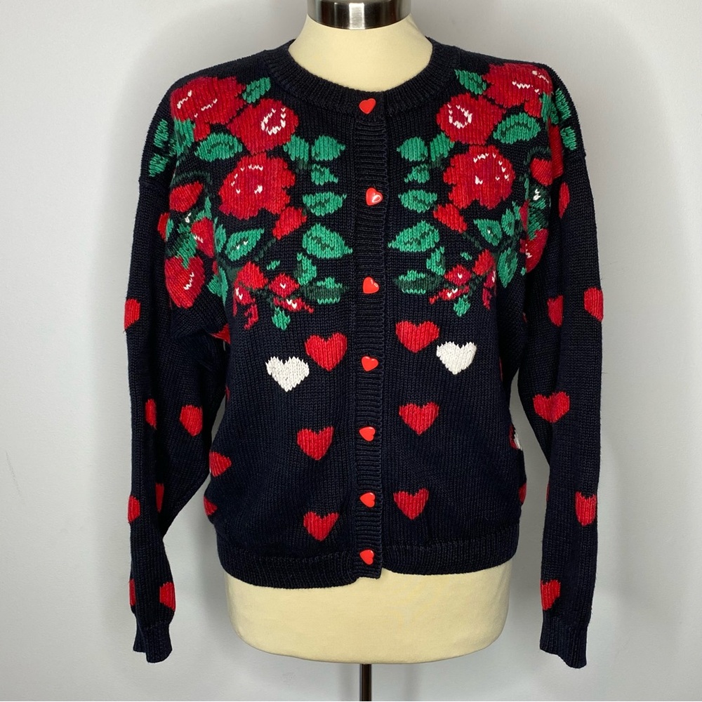The Eagle's Eye Vintage Floral Heart Knit Cardigan Sweater